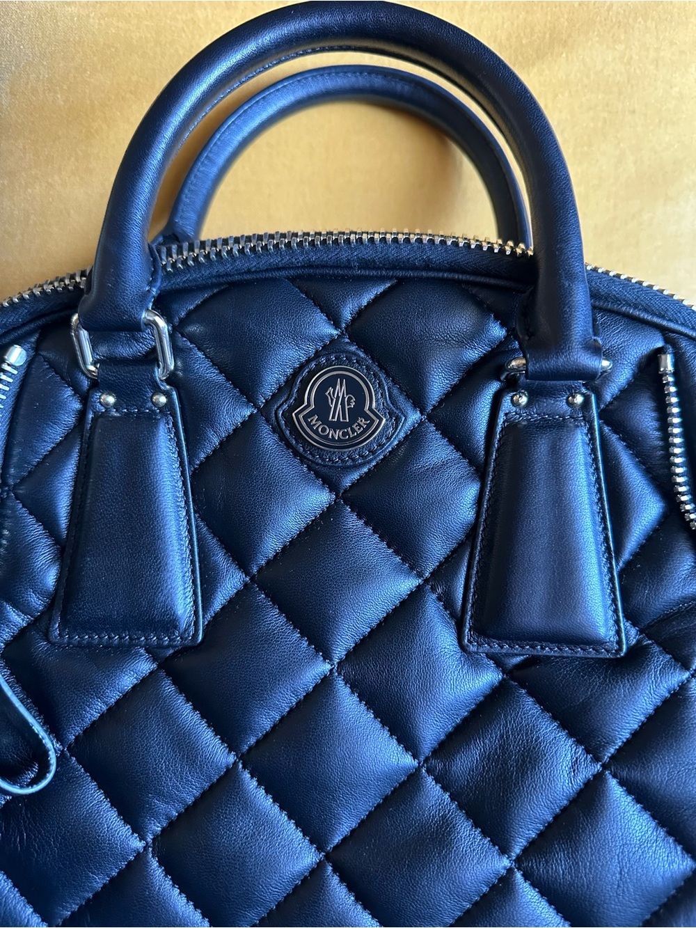 Moncler Black Quilted Satchel with Silver Zipper